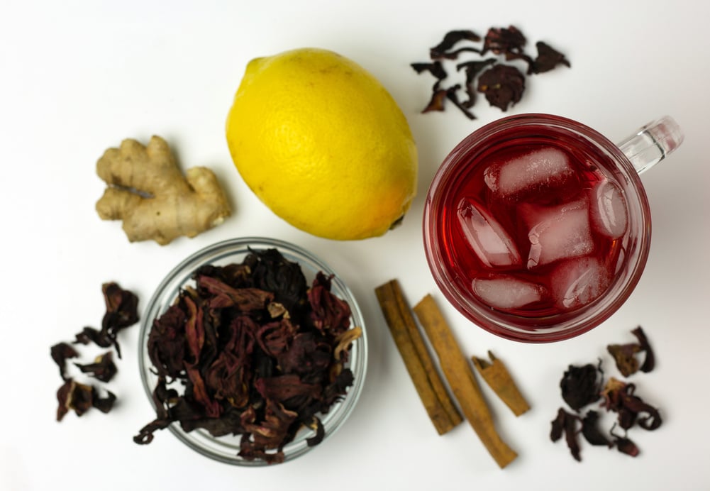 Zobo drink: dry hibiscus leaves, cinnamon, ginger and lemon.
